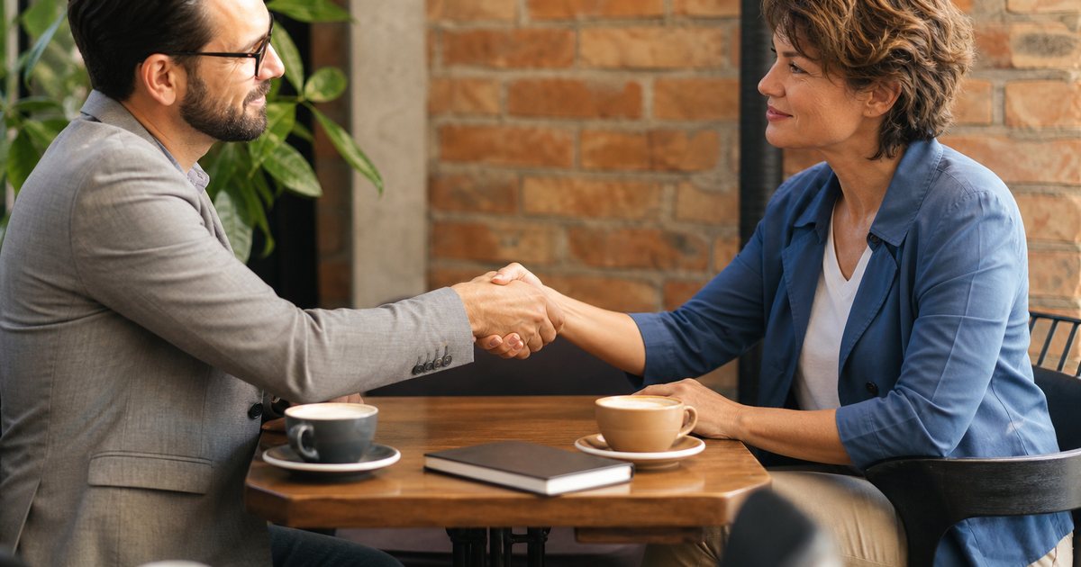A newsletter publisher and a sponsor shaking hands across a small cafe table with two coffees and a closed notebook, warm daylight, brick wall behind them