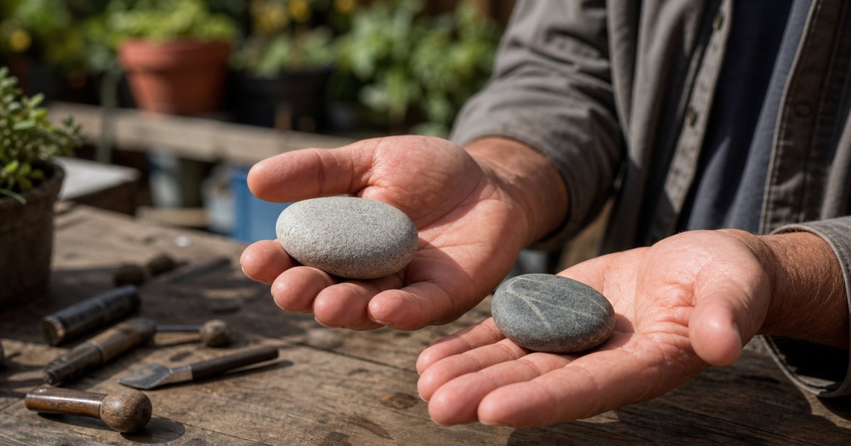 Close view of a person weighing two smooth stones in their open palms above a sunlit wooden workbench, shallow depth of field, blurred plants and hand tools in the background