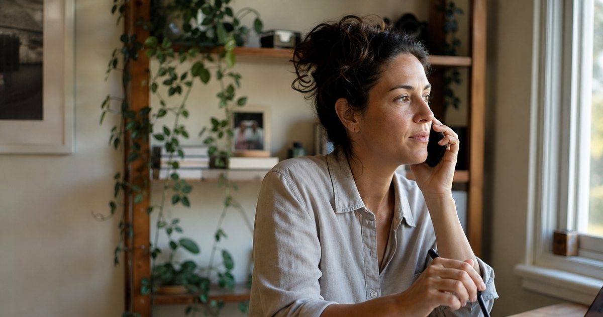 A person in a small home office holding a phone to their ear while tapping a pen against a coffee mug on a wooden desk, late afternoon light through a window, shelves and a trailing plant behind them