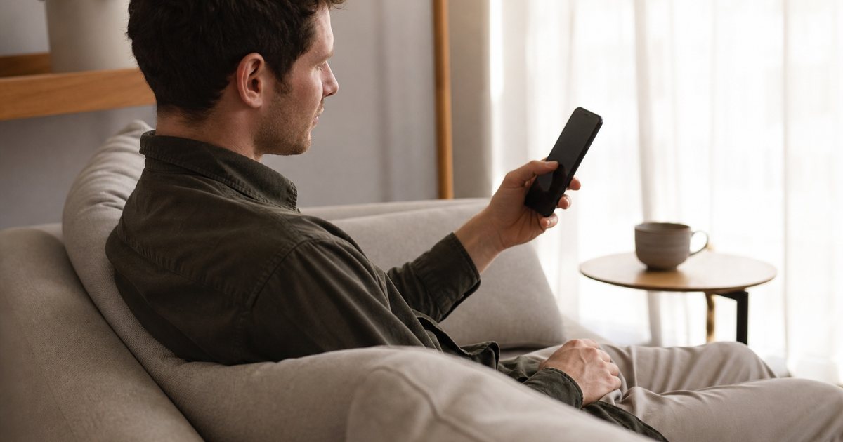 A reader on a sofa in a bright living room holding a phone at an angle away from the camera, relaxed, coffee on the side table, morning light through sheer curtains