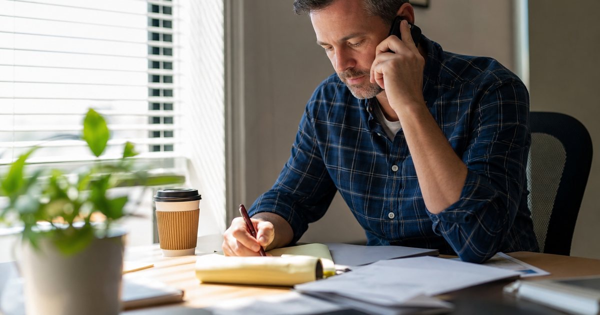 A person at a home office desk on a phone call, writing notes on a paper pad, afternoon light through window blinds, a small plant and a cooling cup of coffee