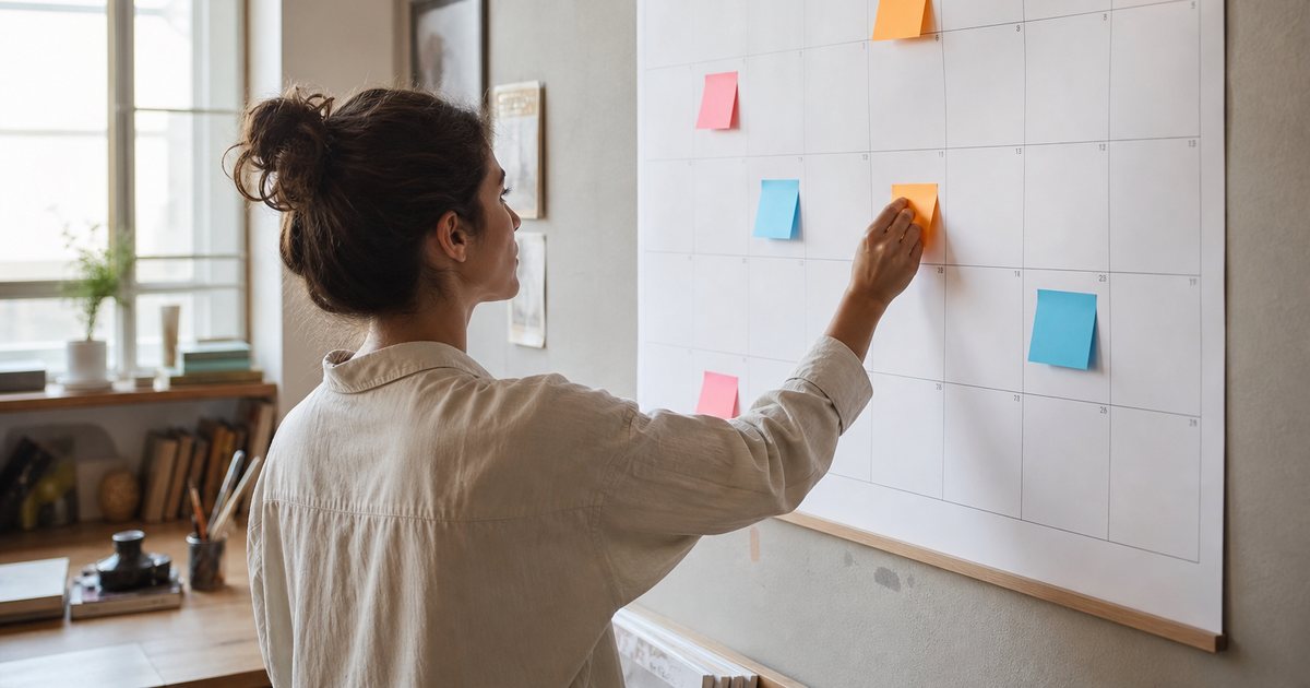 A large paper wall calendar in a small studio office with colored sticky notes on certain dates, a person pinning a note, morning light, no readable writing
