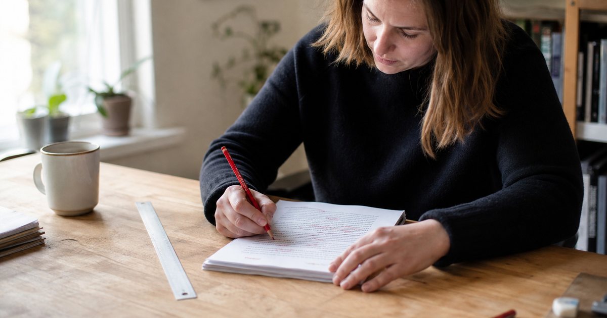 An editor at a wooden desk marking up a printed draft with a red pencil, a ruler and a mug nearby, soft window light in a small home office