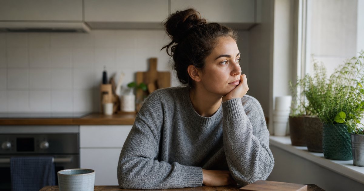 A person at a kitchen table with a closed laptop and a small locked wooden box, morning coffee, herbs on the windowsill, calm natural light