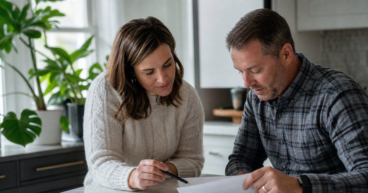 Two people at a bright kitchen table reviewing a single printed page together, one holding a pen, a closed laptop to the side, plants by the window